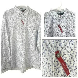 Bruno Milano White and Blue Floral Button Down Long Sleeve Shirt Men Side Large